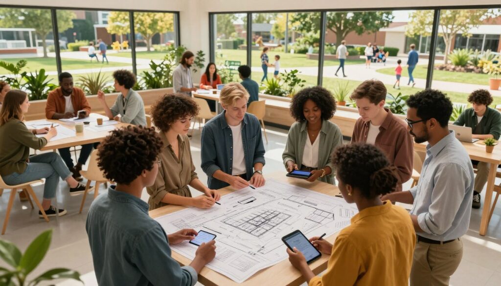 A vibrant community space showcasing a diverse group of individuals collaborating on legacy projects. In the foreground, a diverse group of professionals in smart casual attire is engaged in discussion, using blueprints and digital devices to plan future facility access policies. In the middle, a modern community center with large windows, filled with greenery and natural light, emphasizes inclusivity and transparency. The background features a welcoming park with families enjoying various activities, symbolizing the benefits of community access. Warm, uplifting lighting bathes the scene, creating a sense of optimism and engagement. The angle is slightly elevated, highlighting the interaction among people and the inviting environment around them. The mood conveys hope and collaboration, emphasizing long-term community value through effective facility access. A vibrant community space showcasing a diverse group of individuals collaborating on legacy projects. In the foreground, a diverse group of professionals in smart casual attire is engaged in discussion, using blueprints and digital devices to plan future facility access policies. In the middle, a modern community center with large windows, filled with greenery and natural light, emphasizes inclusivity and transparency. The background features a welcoming park with families enjoying various activities, symbolizing the benefits of community access. Warm, uplifting lighting bathes the scene, creating a sense of optimism and engagement. The angle is slightly elevated, highlighting the interaction among people and the inviting environment around them. The mood conveys hope and collaboration, emphasizing long-term community value through effective facility access.
