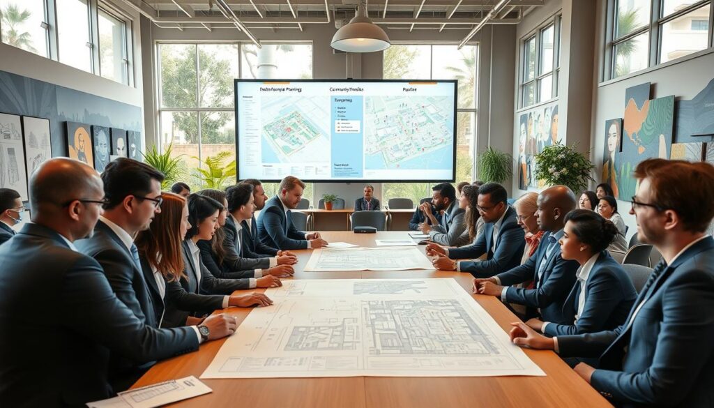 A vibrant community stakeholder meeting focused on infrastructure planning for a sports event. In the foreground, a diverse group of professionals in business attire are discussing blueprints and digital models on a large table, emphasizing teamwork and collaboration. The middle ground features a large screen displaying community maps and project timelines, surrounded by chairs filled with engaged participants. In the background, large windows let in warm, natural light, illuminating a contemporary meeting space filled with greenery and artwork showcasing local culture. The scene conveys a sense of optimism and unity, with an inviting atmosphere that encourages dialogue and innovation. Use a wide-angle lens to capture the entire room, highlighting the dynamic energy of the meeting.
