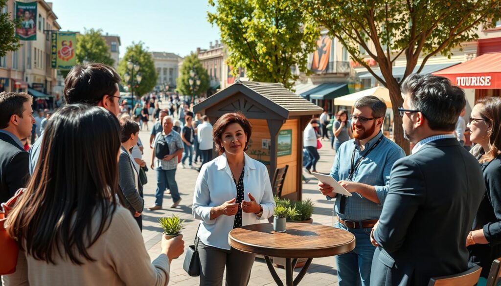 A vibrant outdoor meeting scene showcasing local business partnerships for tourism strategies. In the foreground, a diverse group of professionals dressed in smart casual attire engage in discussion, with a local business owner presenting ideas using a digital tablet. The middle ground features a small, attractive café decorated with local artwork and outdoor seating, where other business owners are exchanging ideas. In the background, a picturesque town square bustling with tourists and sports events, surrounded by engaging banners promoting local attractions. The lighting is warm, capturing a sunny day, while the atmosphere is collaborative and optimistic. The image is shot from a slightly elevated angle, giving a clear view of the interactions and surroundings, emphasizing a sense of community and partnership. A vibrant outdoor meeting scene showcasing local business partnerships for tourism strategies. In the foreground, a diverse group of professionals dressed in smart casual attire engage in discussion, with a local business owner presenting ideas using a digital tablet. The middle ground features a small, attractive café decorated with local artwork and outdoor seating, where other business owners are exchanging ideas. In the background, a picturesque town square bustling with tourists and sports events, surrounded by engaging banners promoting local attractions. The lighting is warm, capturing a sunny day, while the atmosphere is collaborative and optimistic. The image is shot from a slightly elevated angle, giving a clear view of the interactions and surroundings, emphasizing a sense of community and partnership.
