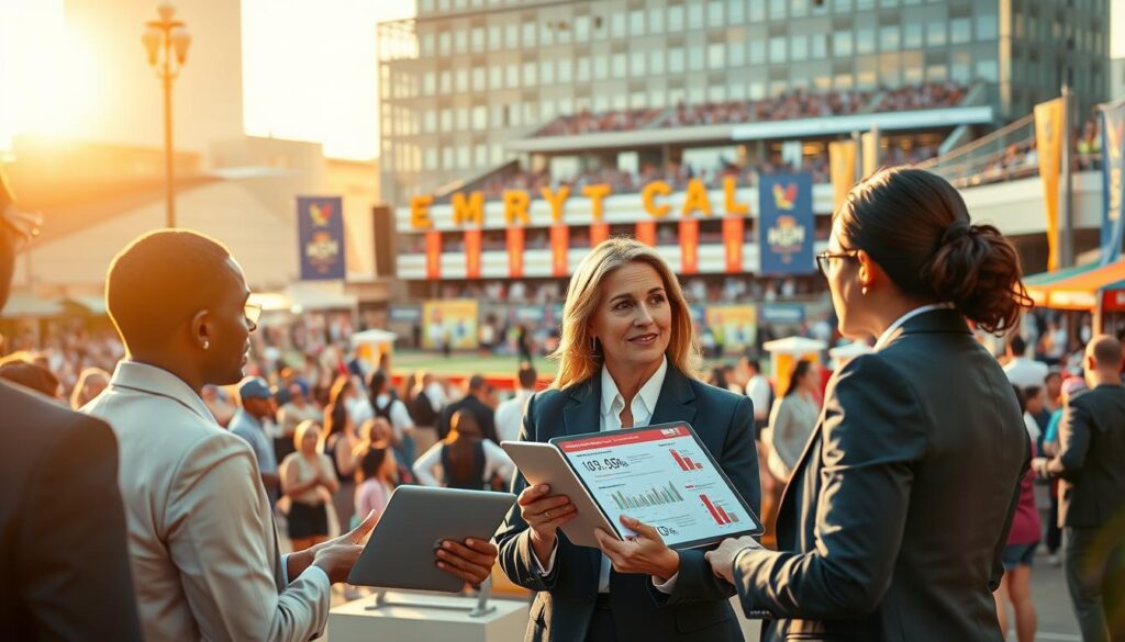 A vibrant scene depicting a successful sporting event being hosted in a lively city square, focusing on a diverse group of professionals in business attire discussing strategies and outcomes. In the foreground, a confident woman is engaging with colleagues, using a digital tablet to show statistics on event attendance and economic impact. In the middle ground, a well-decorated stage showcases a prominent speaker addressing the audience, while banners celebrating the local community hang in the background. The background features a bustling crowd enjoying the event, with colorful decorations and local vendors selling merchandise. Golden hour lighting casts a warm glow over the scene, enhancing the atmosphere of excitement and achievement, capturing the essence of celebration and collaboration in boosting local economies.