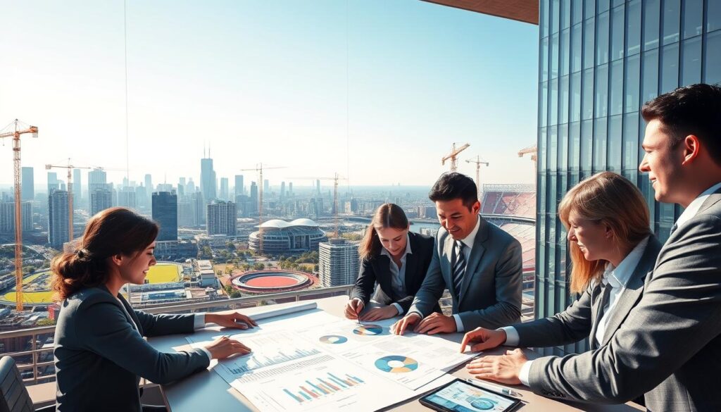 A detailed urban scenes depicting modern city development funding strategies. In the foreground, a diverse group of professionals in business attire engage in strategic discussions, examining blueprints and financial charts over a large table. The middle ground showcases an expansive city skyline, with cranes and construction sites symbolizing ongoing infrastructure projects. In the background, a vibrant sports stadium is visible, emphasizing the connection between sports events and urban development. The lighting is bright and optimistic, with a clear blue sky highlighting the bustling activity below. The scene conveys a sense of collaboration and forward-thinking investment in the future of urban landscapes. A detailed urban scenes depicting modern city development funding strategies. In the foreground, a diverse group of professionals in business attire engage in strategic discussions, examining blueprints and financial charts over a large table. The middle ground showcases an expansive city skyline, with cranes and construction sites symbolizing ongoing infrastructure projects. In the background, a vibrant sports stadium is visible, emphasizing the connection between sports events and urban development. The lighting is bright and optimistic, with a clear blue sky highlighting the bustling activity below. The scene conveys a sense of collaboration and forward-thinking investment in the future of urban landscapes.