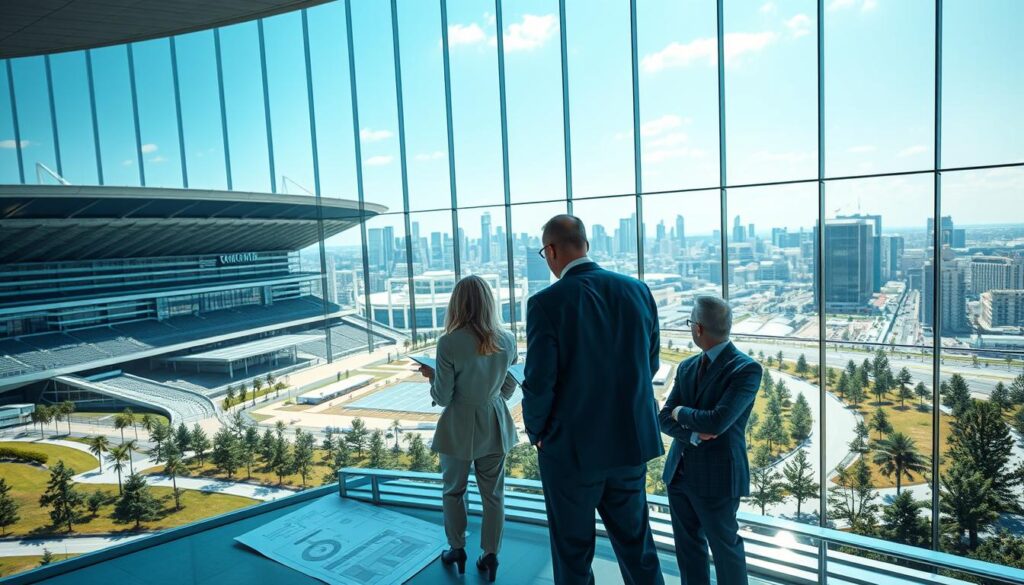 A modern, state-of-the-art event hosting facility, designed for long-term use, is prominently showcased in the foreground. The facility features a large, multi-purpose arena with sleek architecture, ample glass facades, and surrounding landscaped areas. In the middle ground, professional planners and architects, dressed in business attire, collaborate over blueprints and digital models of the space, discussing design elements and infrastructure integration. The background reveals an expansive city skyline, symbolizing urban development and connectivity. Bright, natural lighting floods in through the glass, creating a vibrant and optimistic atmosphere. The camera angle is slightly elevated, focusing on the interaction between the planners and the facility's design, capturing a sense of foresight and innovation in infrastructure development. A modern, state-of-the-art event hosting facility, designed for long-term use, is prominently showcased in the foreground. The facility features a large, multi-purpose arena with sleek architecture, ample glass facades, and surrounding landscaped areas. In the middle ground, professional planners and architects, dressed in business attire, collaborate over blueprints and digital models of the space, discussing design elements and infrastructure integration. The background reveals an expansive city skyline, symbolizing urban development and connectivity. Bright, natural lighting floods in through the glass, creating a vibrant and optimistic atmosphere. The camera angle is slightly elevated, focusing on the interaction between the planners and the facility's design, capturing a sense of foresight and innovation in infrastructure development.