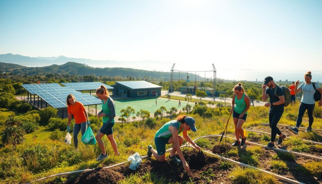 A serene landscape showcasing sustainable practices in sports tourism. In the foreground, a diverse group of athletes, dressed in professional athletic gear, are engaging in eco-friendly activities like planting trees and cleaning up a beach. The middle ground features a modern sports facility powered by solar panels and surrounded by vibrant greenery, emphasizing renewable energy use. The background displays distant mountains and a clear blue sky, suggesting an unspoiled natural environment. The sunlight casts a warm glow, creating an inviting and hopeful atmosphere. The image captures the essence of integration between sports and environmental stewardship, highlighting initiatives like biodegradable equipment and wildlife conservation programs in the surrounding areas. A serene landscape showcasing sustainable practices in sports tourism. In the foreground, a diverse group of athletes, dressed in professional athletic gear, are engaging in eco-friendly activities like planting trees and cleaning up a beach. The middle ground features a modern sports facility powered by solar panels and surrounded by vibrant greenery, emphasizing renewable energy use. The background displays distant mountains and a clear blue sky, suggesting an unspoiled natural environment. The sunlight casts a warm glow, creating an inviting and hopeful atmosphere. The image captures the essence of integration between sports and environmental stewardship, highlighting initiatives like biodegradable equipment and wildlife conservation programs in the surrounding areas.