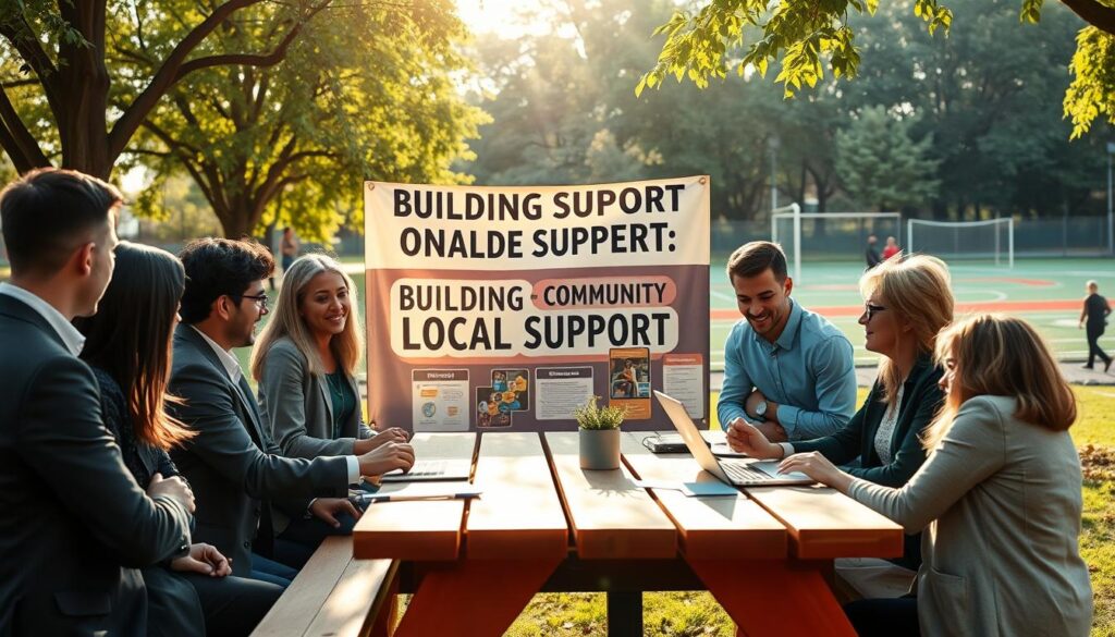 A vibrant community meeting scene held in a well-lit local park, showcasing diverse individuals engaged in discussion about sporting event strategies. In the foreground, a group of people in professional business attire and smart casual clothing are animatedly sharing ideas around a picnic table, with notepads and laptops. The middle ground features a banner stating "Building Local Support" and various visual aids illustrating local involvement strategies. In the background, there are trees and a sports field, hinting at community sports activities. Soft afternoon sunlight filters through the leaves, creating a warm and inviting atmosphere, emphasizing collaboration and community spirit. The image captures a sense of unity, excitement, and purpose, highlighting the importance of grassroots involvement in sporting events.