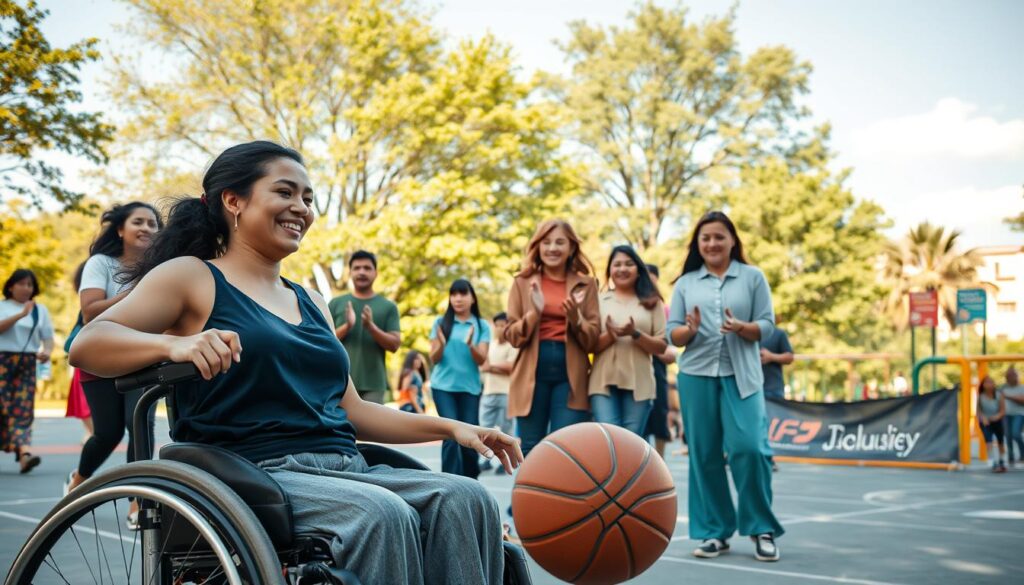 A vibrant scene showcasing a diverse group of people actively participating in an inclusive sporting event in a local park. In the foreground, a smiling young woman with a disability, using a wheelchair, is engaging in a friendly game of basketball with several other participants, including children and adults of various ethnic backgrounds, all dressed in modest casual clothing. The middle ground features a small crowd of supportive spectators, clapping and cheering, while colorful banners promoting inclusivity are visible along the sidelines. The background showcases a sunny sky, lush green trees, and playground equipment, creating a warm, inviting atmosphere. The lighting is bright and cheerful, capturing the essence of community spirit. Use a wide-angle lens to emphasize the dynamic interactions and joyful expressions of the participants, conveying a sense of togetherness and celebration.