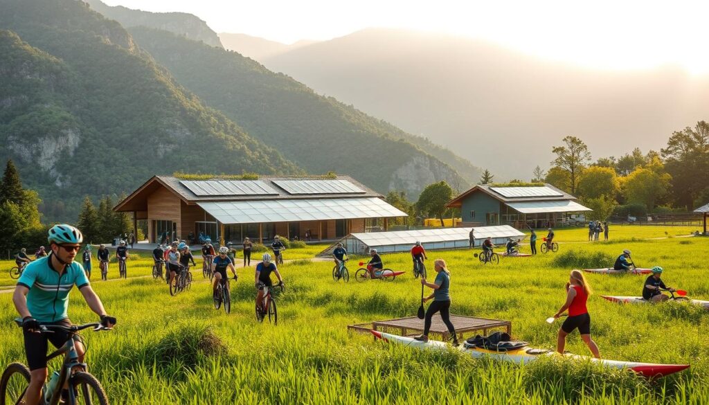 A vibrant scene showcasing eco-friendly sports tourism initiatives in action. In the foreground, a diverse group of athletes in professional sports attire engage in sustainable outdoor activities, such as cycling and kayaking in a lush, green landscape. In the middle ground, an eco-friendly sports facility made from natural materials blends harmoniously with the surroundings, featuring solar panels and green roofs. In the background, a mountainous landscape bathed in soft, golden sunlight reflects a sense of tranquility and connection with nature. The atmosphere is inspiring and hopeful, emphasizing harmony between sports and environmental sustainability. Use a wide-angle lens to capture the expansive view, enhancing the sense of community and commitment to eco-friendly practices. A vibrant scene showcasing eco-friendly sports tourism initiatives in action. In the foreground, a diverse group of athletes in professional sports attire engage in sustainable outdoor activities, such as cycling and kayaking in a lush, green landscape. In the middle ground, an eco-friendly sports facility made from natural materials blends harmoniously with the surroundings, featuring solar panels and green roofs. In the background, a mountainous landscape bathed in soft, golden sunlight reflects a sense of tranquility and connection with nature. The atmosphere is inspiring and hopeful, emphasizing harmony between sports and environmental sustainability. Use a wide-angle lens to capture the expansive view, enhancing the sense of community and commitment to eco-friendly practices.