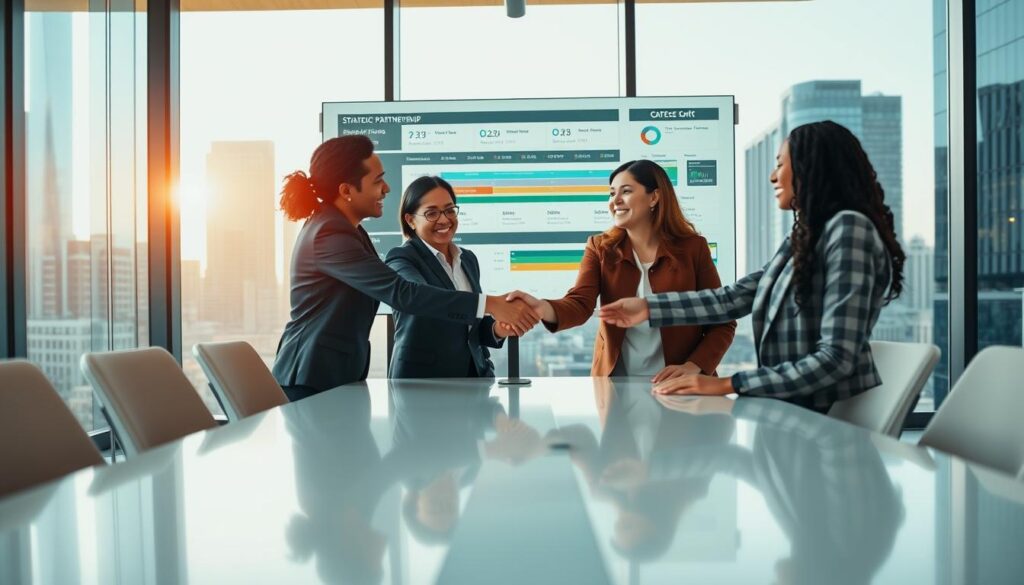 A dynamic scene illustrating strategic partnership collaboration in a modern office setting. In the foreground, a diverse group of three professionals, dressed in smart business attire, is engaged in a discussion around a sleek conference table, with handshakes and smiling expressions conveying teamwork. In the middle ground, a large wall display showcases sports event statistics and project timelines, symbolizing their collaboration. The background is filled with large windows letting in warm, natural light, revealing a city skyline, enhancing the atmosphere of opportunity and innovation. The photo should be bright and inviting, captured from a low angle to emphasize the professionals' engagement and the importance of strategic alliances in enhancing sports events.