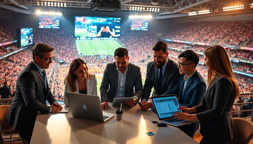 A dynamic scene showcasing a social media marketing strategy for sports events. In the foreground, a diverse group of professionals in business attire collaborates around a sleek table, using laptops and tablets to analyze social media metrics. In the middle ground, large screens display engaging sports graphics, social media feeds, and live audience interactions. The background features an energetic sports stadium filled with enthusiastic fans, with bright lighting that reflects excitement and activity. Soft, warm lighting highlights the faces of the professionals, conveying a sense of teamwork and innovation. The atmosphere is vibrant and inspiring, emphasizing the potential of social media to amplify the reach of sports events and engage the community.