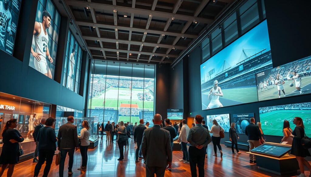 A dynamic sports museum interior showcasing the art of storytelling through history. In the foreground, a diverse group of visitors, clad in professional business attire, engaging with interactive exhibits that narrate historical sports moments. The middle features immersive displays with holograms of famous athletes, vintage sports memorabilia, and large video screens depicting pivotal games. In the background, large windows allow natural light to flood the space, highlighting the museum's architectural grandeur. Use warm lighting to create an inviting atmosphere, with a wide-angle lens capturing the energy and excitement of the scene. The overall mood is inspirational and engaging, emphasizing the power of storytelling in connecting audiences to sports heritage. A dynamic sports museum interior showcasing the art of storytelling through history. In the foreground, a diverse group of visitors, clad in professional business attire, engaging with interactive exhibits that narrate historical sports moments. The middle features immersive displays with holograms of famous athletes, vintage sports memorabilia, and large video screens depicting pivotal games. In the background, large windows allow natural light to flood the space, highlighting the museum's architectural grandeur. Use warm lighting to create an inviting atmosphere, with a wide-angle lens capturing the energy and excitement of the scene. The overall mood is inspirational and engaging, emphasizing the power of storytelling in connecting audiences to sports heritage.