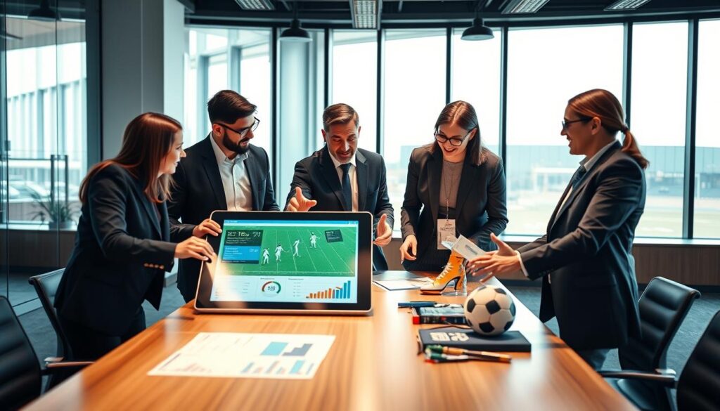 A vibrant, professional scene depicting a multi-partner business engagement network focused on enhancing sports events. In the foreground, a diverse group of three business professionals in smart attire engage in animated discussion around a large digital tablet displaying sports event data. The middle ground features a sleek conference table with charts and sports memorabilia, symbolizing collaboration. In the background, a modern office environment showcases large windows, letting in natural light that creates an inviting atmosphere. The scene is well-lit, emphasizing teamwork and innovation, with a dynamic angle that captures all participants enthusiastically brainstorming ideas. The overall mood exudes positivity, synergy, and forward-thinking, highlighting the benefits of collaboration in the sports industry.