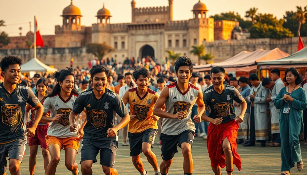 A vibrant scene depicting a modern sports event infused with local cultural elements. In the foreground, a group of diverse athletes in professional sports attire enthusiastically participating in a game, showcasing traditional cultural symbols on their uniforms. The middle ground features spectators in modest casual clothing, engaging with local artisans demonstrating crafts and traditional food stalls, creating a lively atmosphere. The background reveals a historical landmark, illuminated by warm, golden hour lighting, casting long shadows that evoke nostalgia. Use a wide-angle lens to capture the energy and connection of culture to sport, with a slight depth of field to emphasize both the athletes and the cultural displays. The overall mood is celebratory and harmonious, highlighting the integration of history into modern events. A vibrant scene depicting a modern sports event infused with local cultural elements. In the foreground, a group of diverse athletes in professional sports attire enthusiastically participating in a game, showcasing traditional cultural symbols on their uniforms. The middle ground features spectators in modest casual clothing, engaging with local artisans demonstrating crafts and traditional food stalls, creating a lively atmosphere. The background reveals a historical landmark, illuminated by warm, golden hour lighting, casting long shadows that evoke nostalgia. Use a wide-angle lens to capture the energy and connection of culture to sport, with a slight depth of field to emphasize both the athletes and the cultural displays. The overall mood is celebratory and harmonious, highlighting the integration of history into modern events.