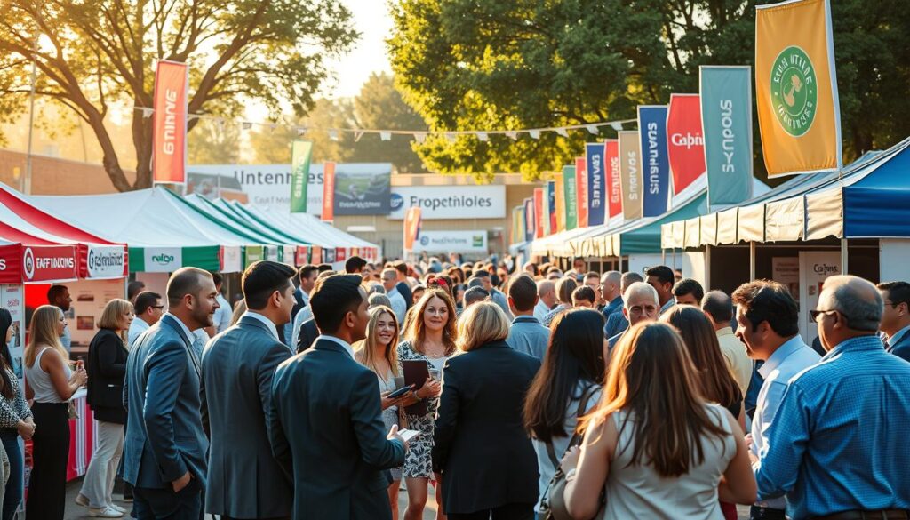 A vibrant scene showcasing a sports event branding collaboration, focused on a bustling outdoor area filled with local vendors and sports influencers. In the foreground, a diverse group of professionals, dressed in smart business attire, engages enthusiastically while discussing branding strategies. The middle ground features colorful pop-up booths representing local businesses, adorned with logos and promotional materials, creating a festive atmosphere. Banners and flags flutter gently in the background, depicting the event’s branding identity. The setting is illuminated by warm golden sunlight, casting soft shadows that add depth to the scene. The mood is energetic and collaborative, highlighting community interaction and the excitement of building local partnerships. Capture this dynamic scene from a slightly elevated angle for a comprehensive view of the collaboration spirit.