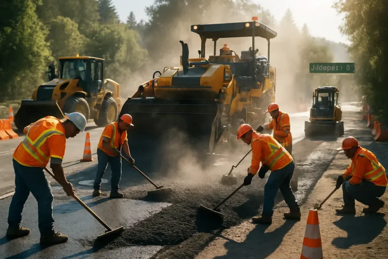 Alderpoint Road Resurfacing crews working near a rural Humboldt County roadway