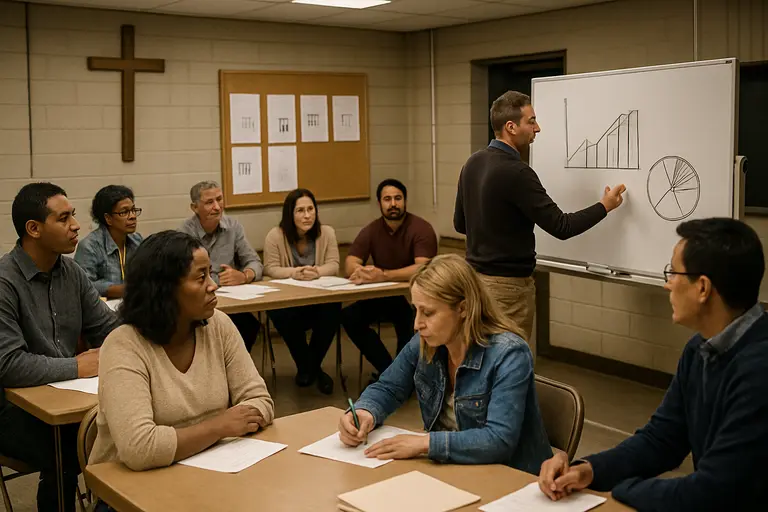 Community members completing paper surveys at a meeting table