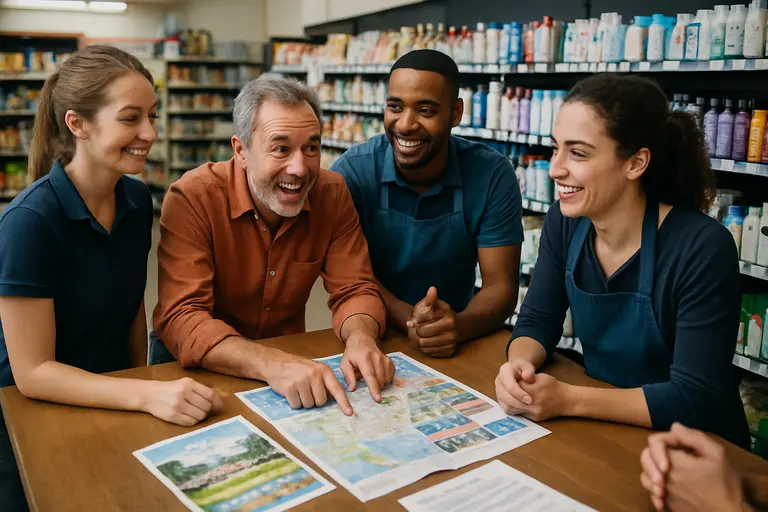 Entrepreneur reviewing notes with a local advisor at a table