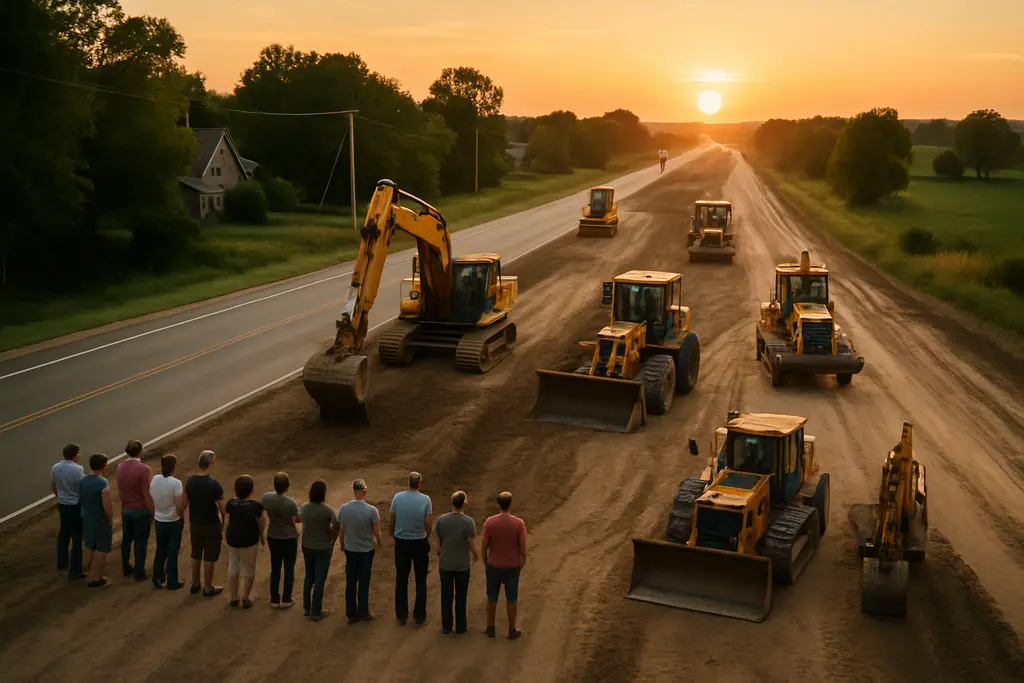 Highway W Project work zone with rural road equipment near Wilmot