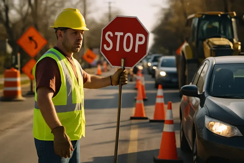 Oakland County Traffic moving through a marked road construction zone