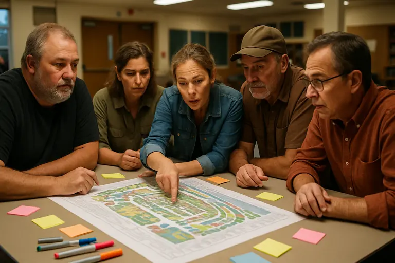People reviewing a printed event map near a row of village shops