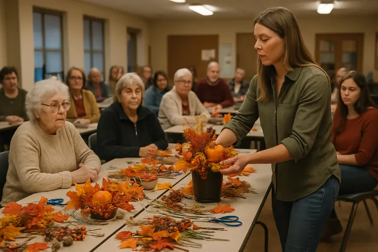Families walking through an outdoor fall vendor market with seasonal displays