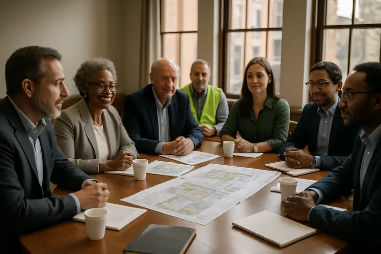 Community partners reviewing event notes at a meeting table