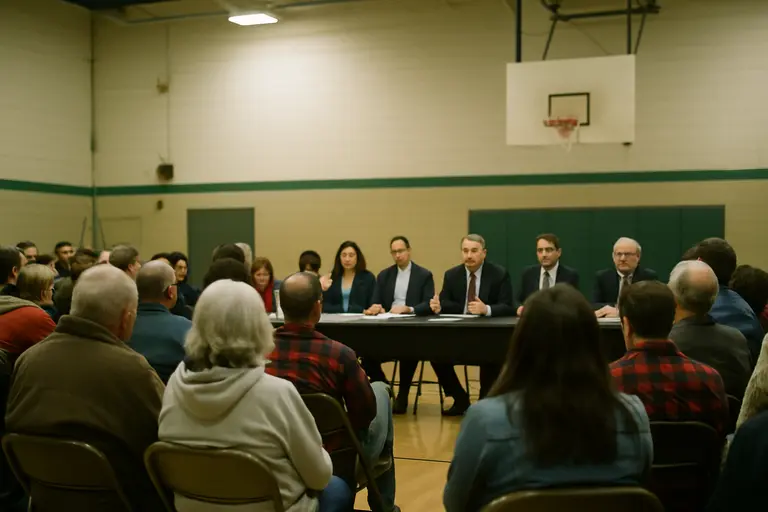 Residents gathered near a public meeting table with neighborhood maps