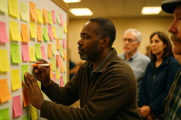 Resident taking notes beside printed budget documents at a public meeting