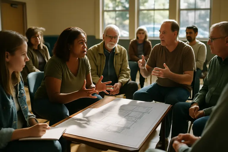 Residents reviewing public documents during a local government meeting