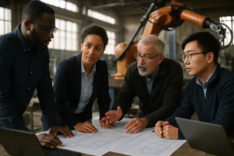 AI Manufacturing Workshops planning notes on a manufacturing floor