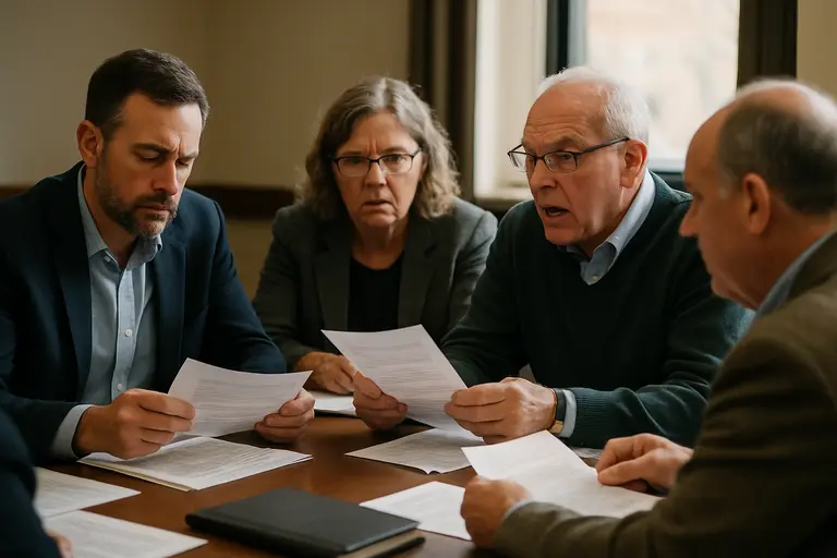 Committee members reviewing printed agendas in a public meeting room