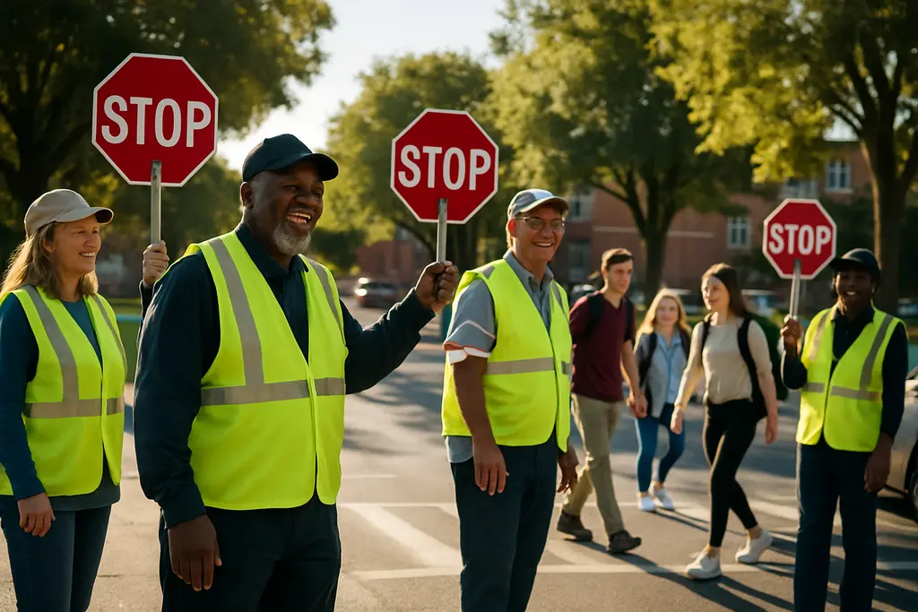 Fairfax Crossing Guards helping students cross near a high school intersection