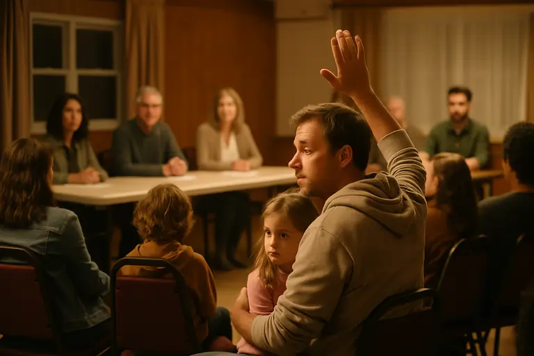 Residents seated at a county meeting during a school facilities discussion