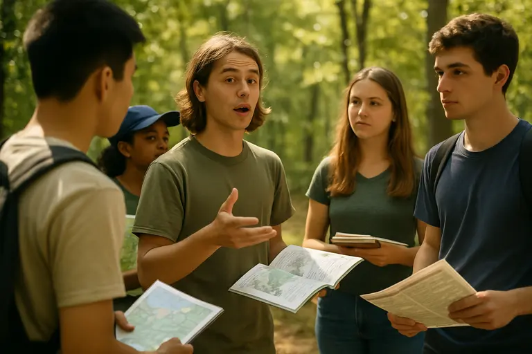 Student team studies outdoor environmental samples with a coach
