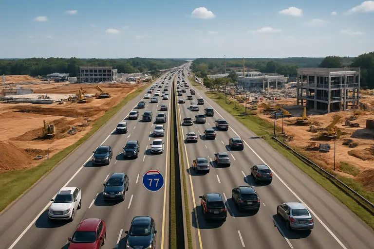 Traffic moving near an interstate interchange and commercial land