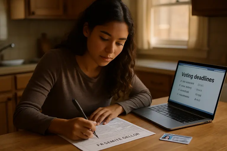 Voter holding identification near an election check-in table